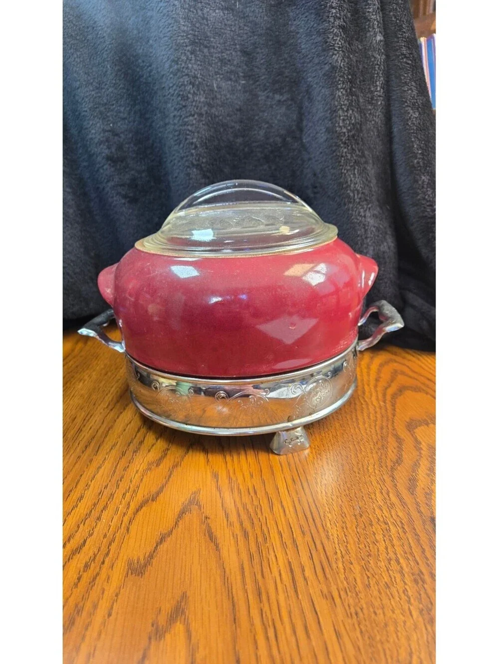 Vintage Red Ceramic and Silver Plated Chafing Dish with Glass Lid